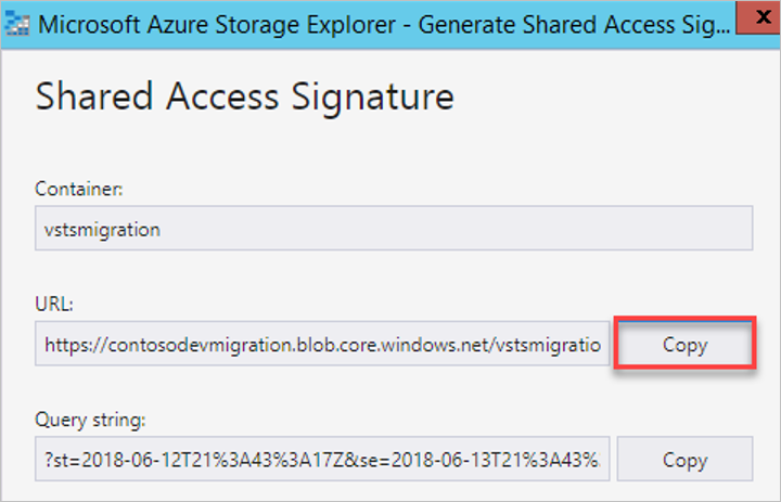 Screenshot of the URL of the shared access signature in Storage Explorer.