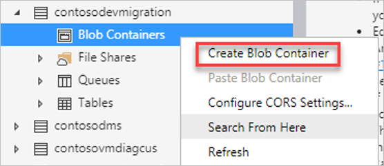 Screenshot of the **Create Blob Container** link in Storage Explorer.