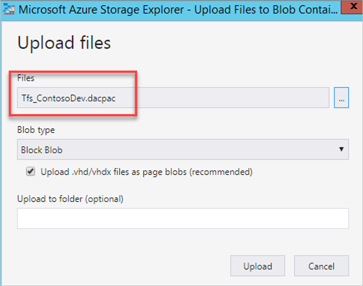 Screenshot of the **Upload files** pane in Storage Explorer.