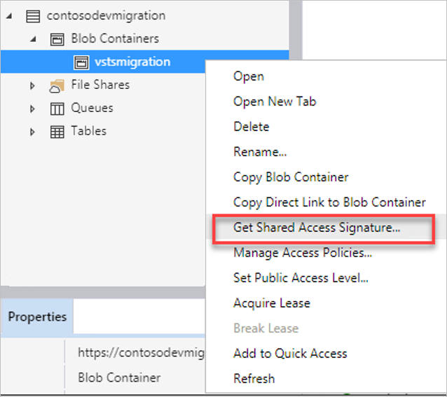 Screenshot of the **Get Shared Access Signature** link in Storage Explorer.