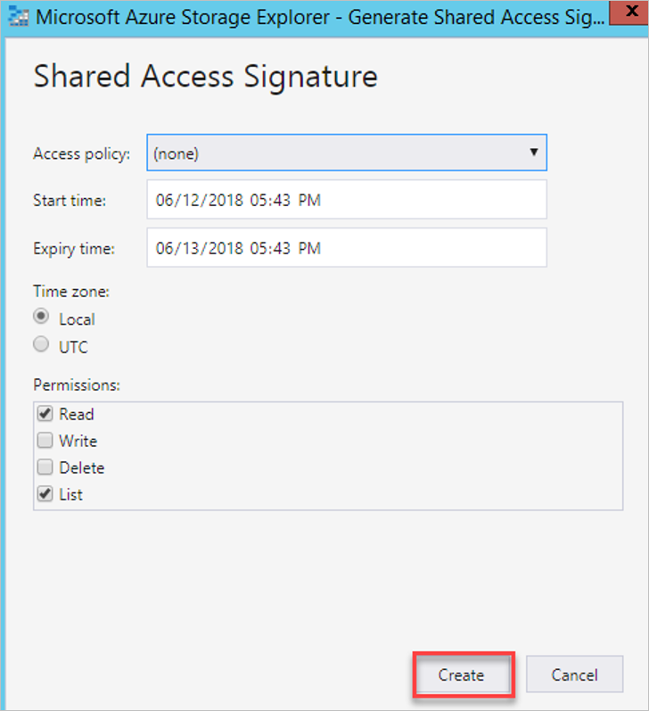 Screenshot of the **Shared Access Signature** pane in Storage Explorer.