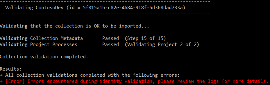 Screenshot of a validation error in the Team Foundation Server migration tool.