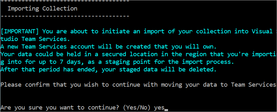 Screenshot of an Azure DevOps Services message warning that the migrated data could be held for up to seven days.