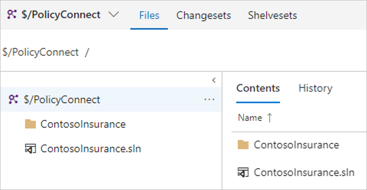 Screenshot of the **$/PolicyConnect** repo in the Azure DevOps Services portal.