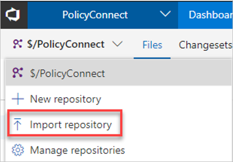 Screenshot of the **Import repository** link in the Azure DevOps Services portal.
