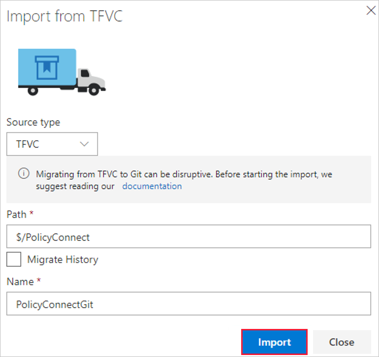 Screenshot of the **Import from TFVC** pane.