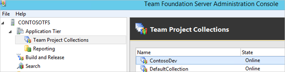 Screenshot of the **Team Project Collections** section of the Foundation Server Administration Console.