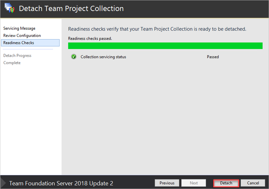 Screenshot of the **Readiness Checks** page in the Detach Team Project Collection Wizard.