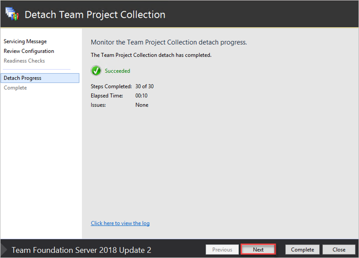 Screenshot of the **Detach Progress** pane in the Detach Team Project Collection Wizard.
