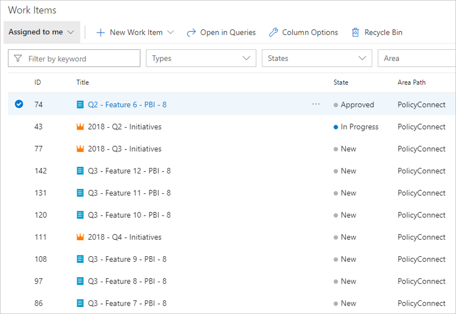 Screenshot of the Azure DevOps Services Work Items page, displaying all the migrated projects.