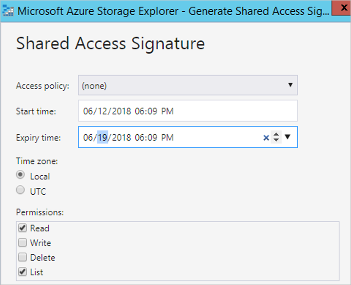 Screenshot of the Storage Explorer **Shared Access Signature** pane displaying the expiration date.