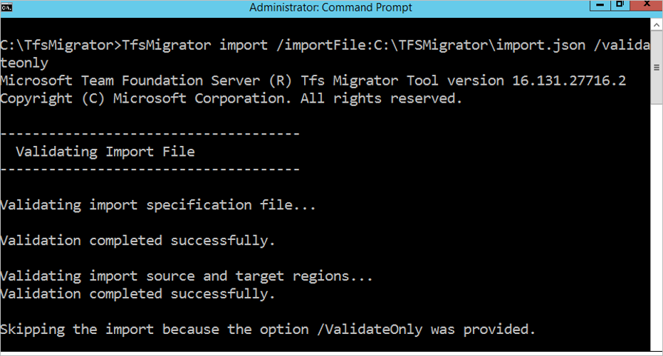 Screenshot of the command prompt displaying a **Validation completed successfully** message.