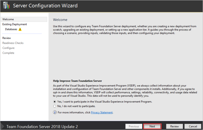 Screenshot of the Team Foundation Server 2018 Update 2 configuration wizard.