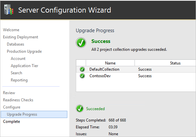Screenshot of the Team Foundation Server Configuration Wizard upgrade progress pane.