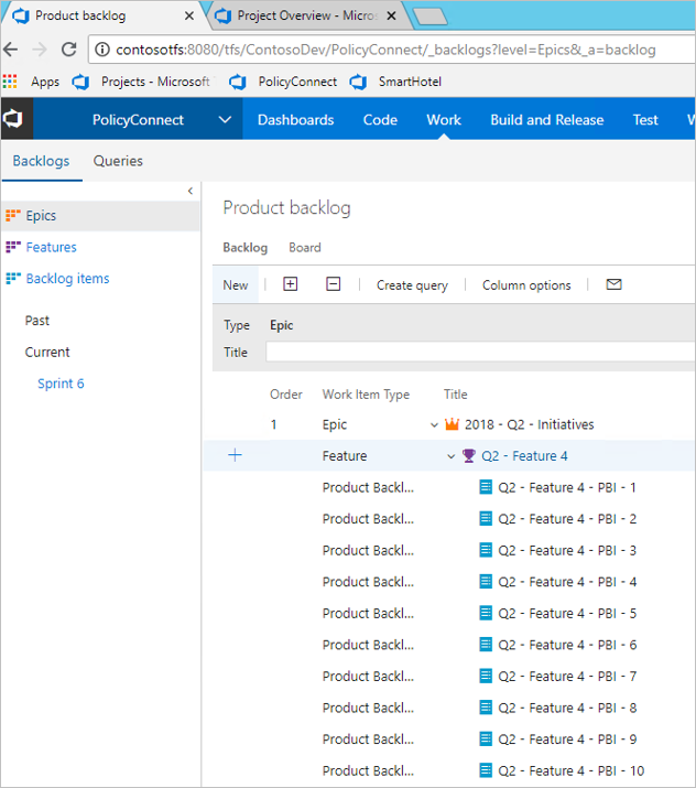 Screenshot of the **Product backlog** pane for verifying the Team Foundation Server installation.