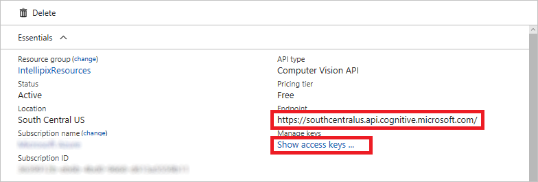 Azure portal page with the endpoint URL and access keys link outlined