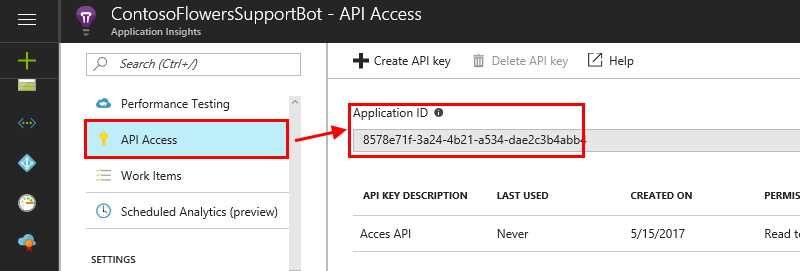Screenshot that shows how to get the application ID from your Application Insights resource.