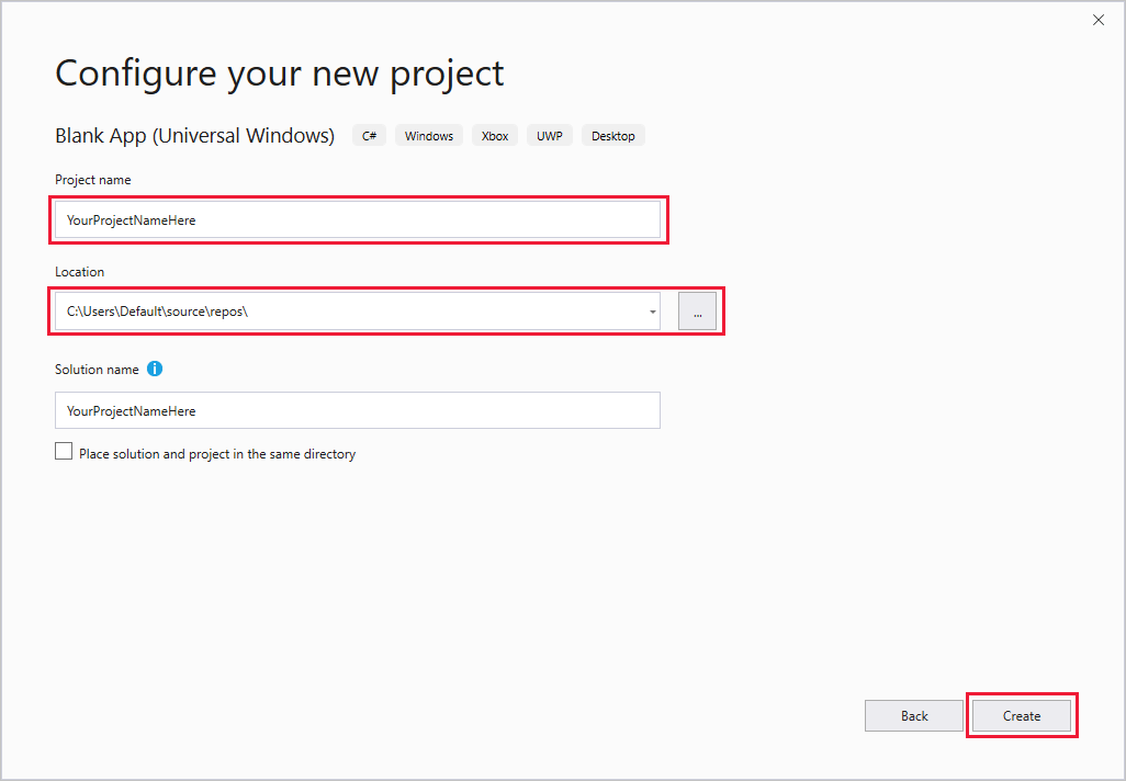 Screenshot that shows the dialog for configuring a new project, with boxes for project name and location and the Create button highlighted.