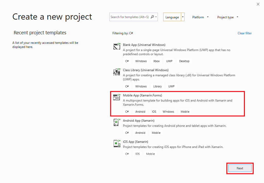 Screenshot that shows how to create a new project in Visual Studio.