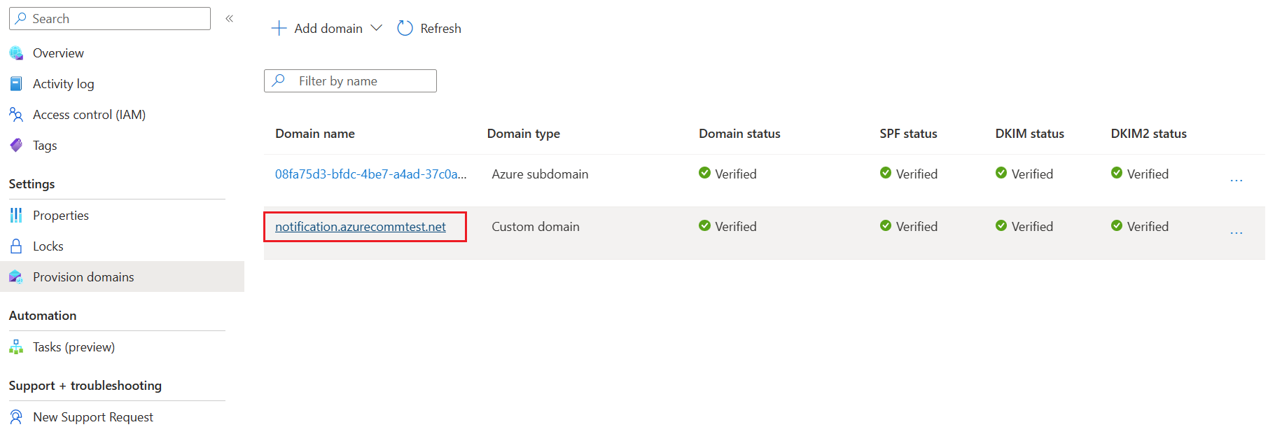 Screenshot that shows how to get to overview page for verified Custom Domain from provisioned domains list.