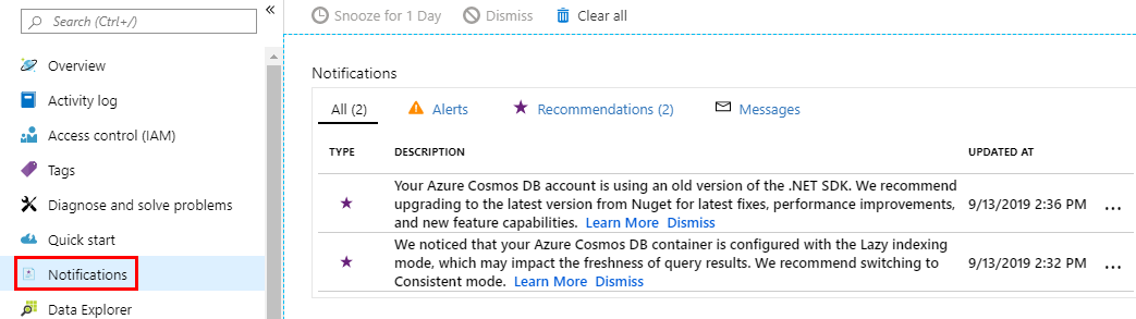 Azure Cosmos DB ペインからの推奨事項の表示