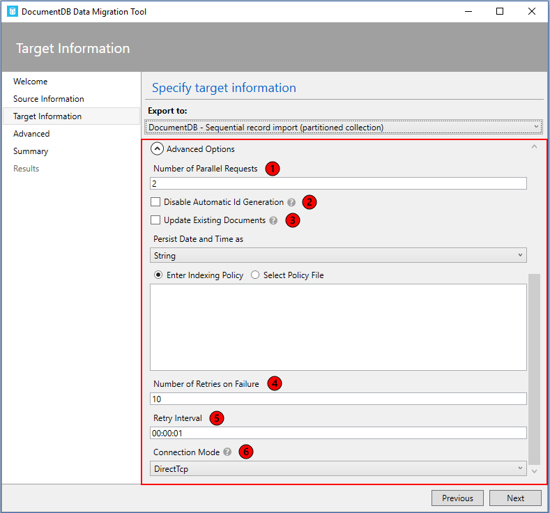 Screenshot of Azure Cosmos DB sequential record import advanced options
