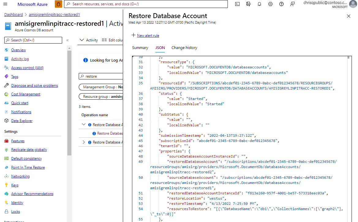 Screenshot of the Azure portal Azure Cosmos DB restore audit activity log.