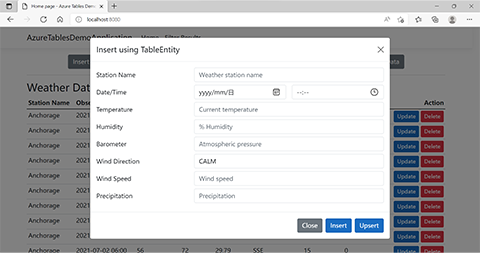 TableEntity オブジェクトを使用してデータを挿入するために使用されるダイアログ ボックスを示すアプリケーションのスクリーンショット。