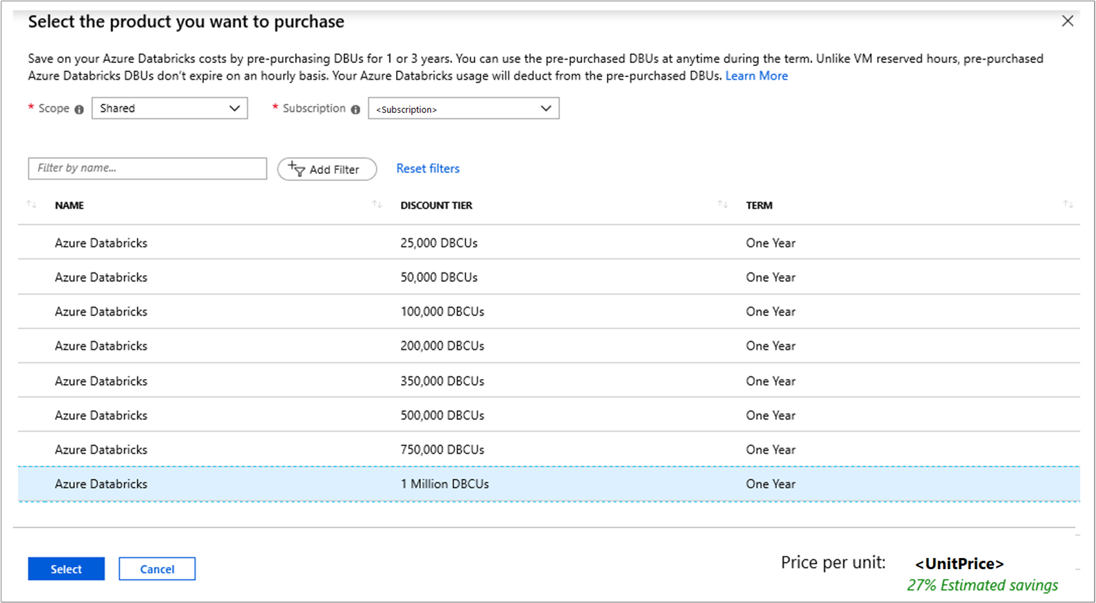 Azure portal 内での Azure Databricks の購入を示す例。