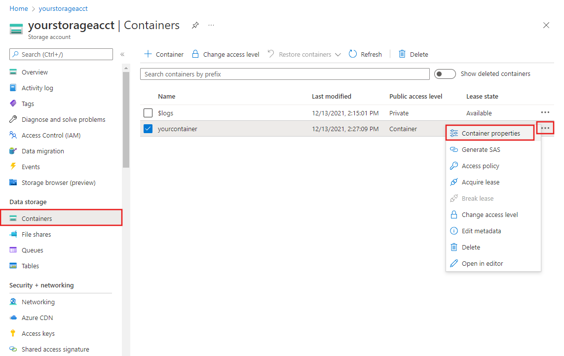Shows an Azure Storage Account in the Azure portal with Containers selected. There's a container with its Container properties menu selected.