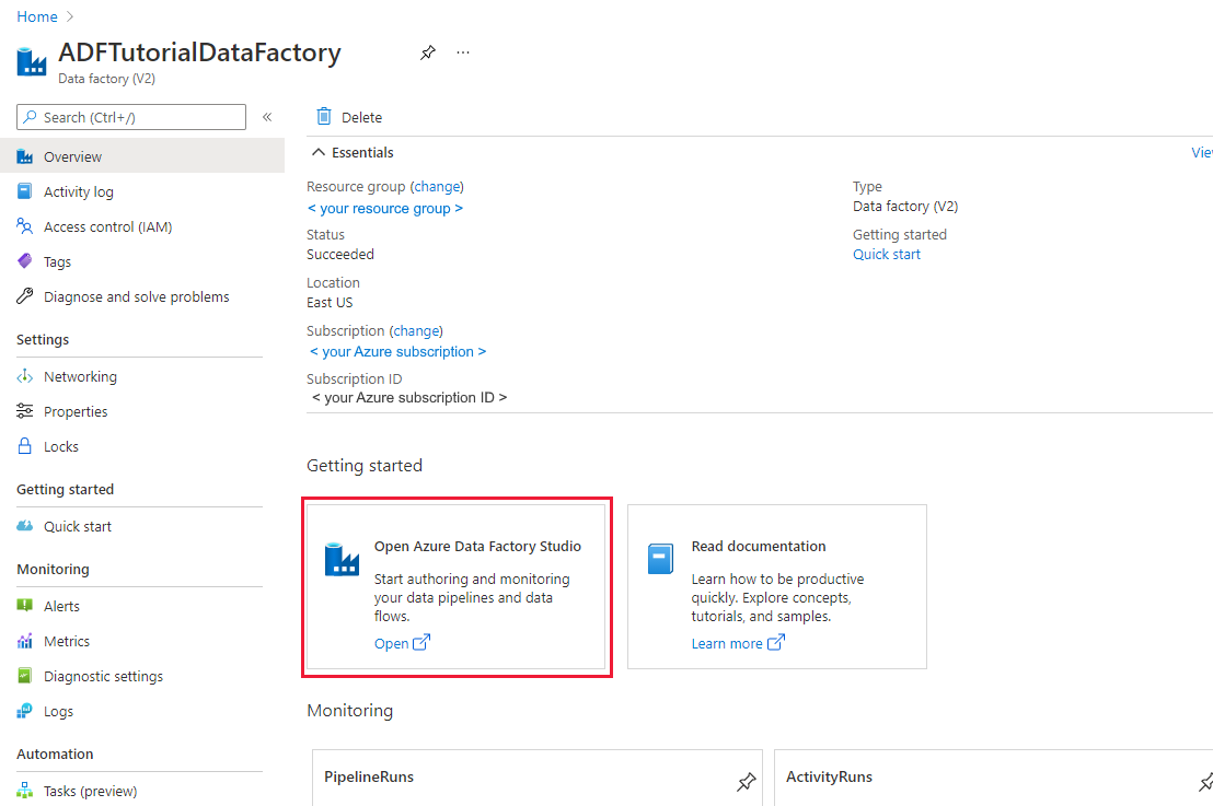 Home page for the Azure Data Factory, with the Open Azure Data Factory Studio tile.