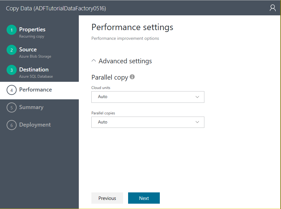 Screenshot shows the Performance settings page where you can select Next.