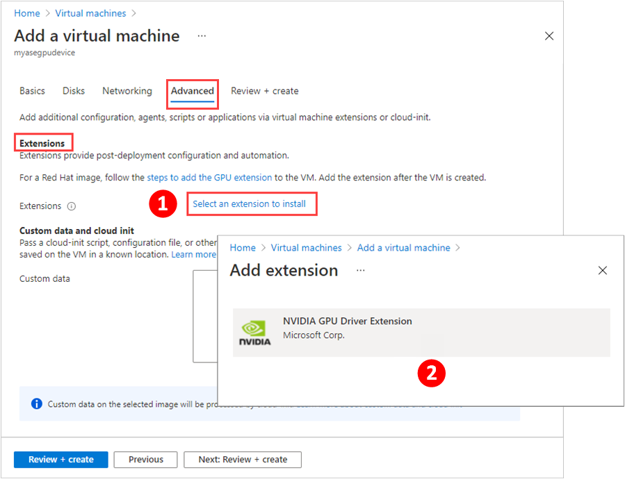 Illustration of steps to add a GPU extension on the Advanced tab of Add a Virtual Machine. Options to select and add an extension are highlighted.