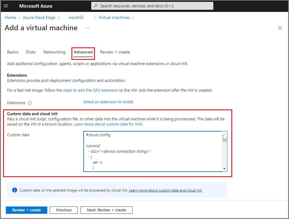 Screenshot of the Advanced tab of VM configuration in the Azure portal.