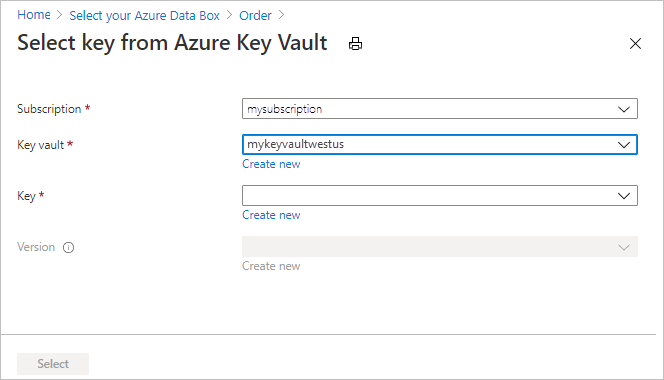 [Select key from Azure Key Vault]\(Azure Key Vault からのキーの選択\) 画面