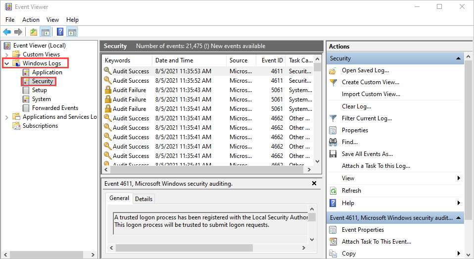 Screenshot of the Windows Event Viewer with Security events displayed. The Windows folder and Security subfolder are highlighted.