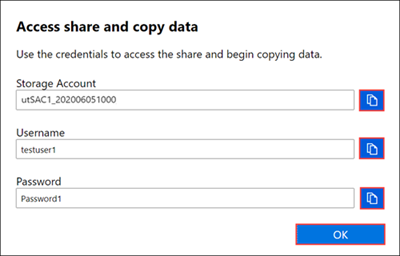 Screenshot of Access Share And Copy Data screen for an SMB share on a Data Box. Copy icons for the account, username, and password are highlighted.