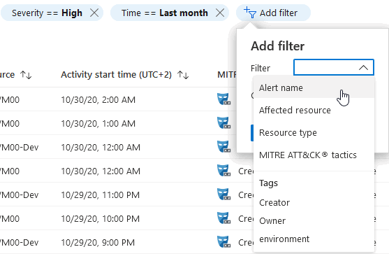 Adding filters to the alerts view.