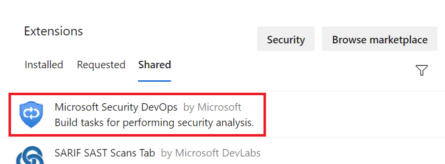 Microsoft Security DevOps を選ぶ場所を示すスクリーンショット。
