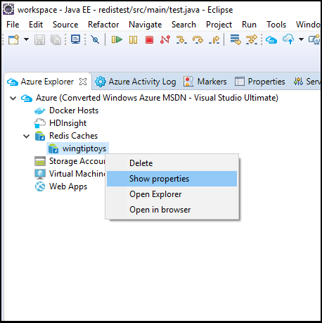 Redis Cache のプロパティを表示する Azure Explorer のコンテキスト メニュー