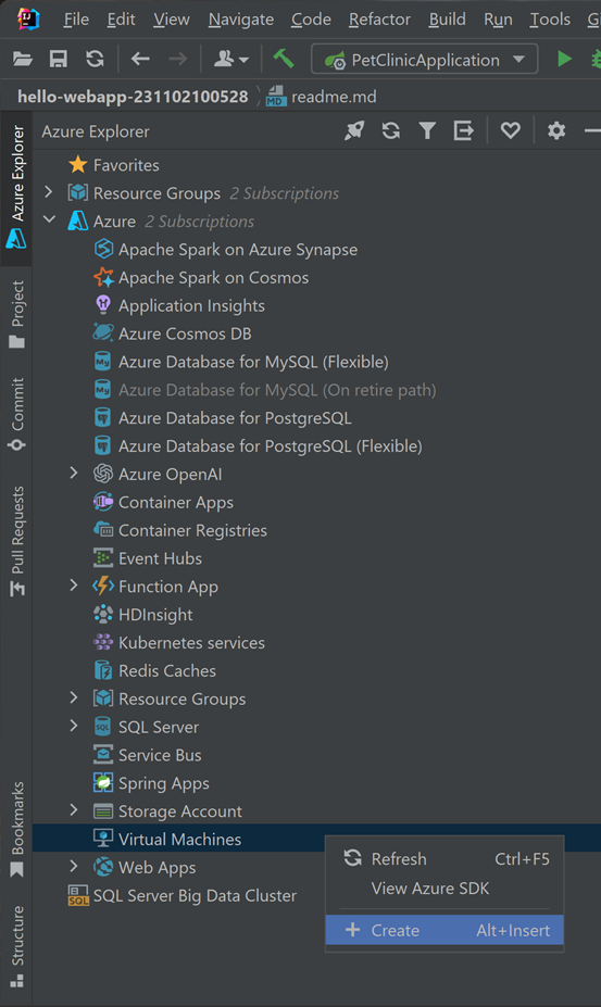 Azure Explorer の [VM の作成] オプション。