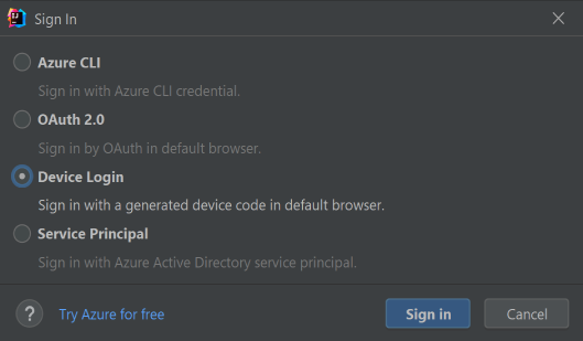 [デバイスのログイン] が選択されている Azure の [サインイン] ウィンドウ。