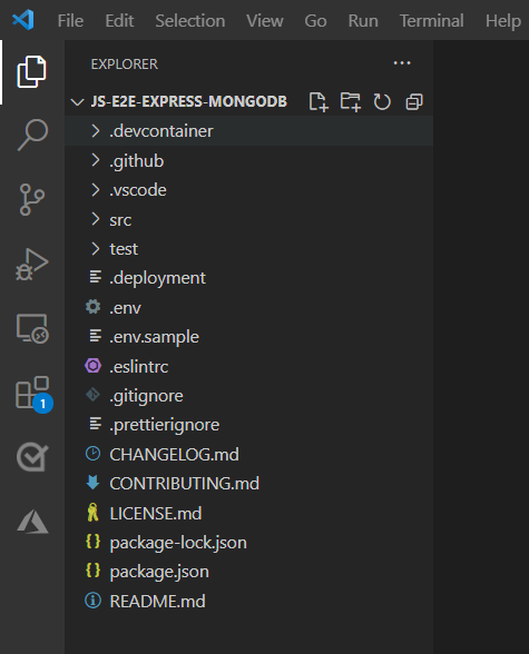 Node J S および Mongo D B プロジェクトのエクスプローラーを示す Visual Studio Code の部分的なスクリーンショット。