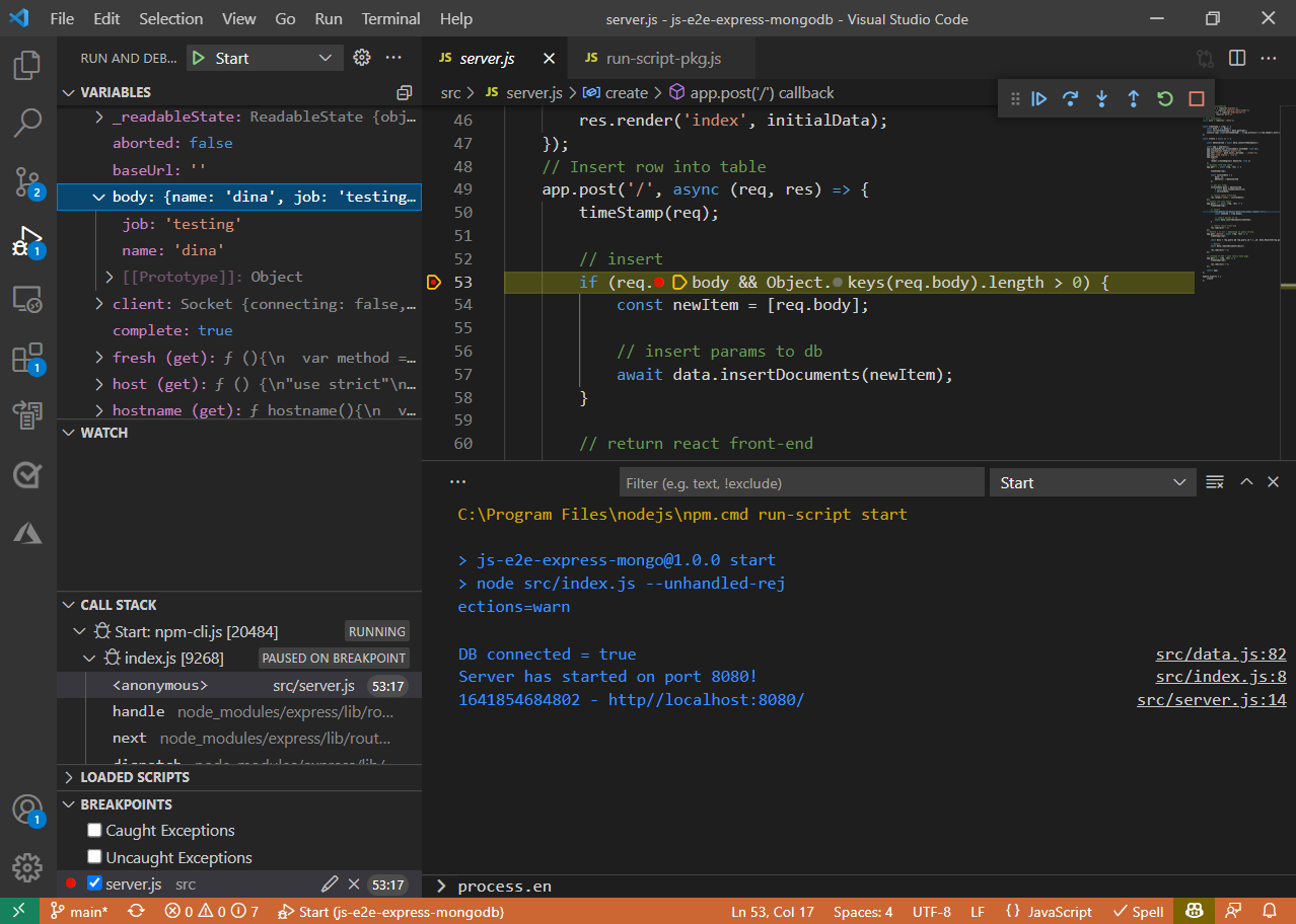 Visual Studio Code によりブレークポイントで実行が一時停止される