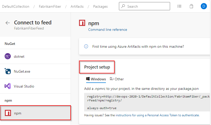 Azure DevOps Server 2020.1 で npm プロジェクトを設定する方法を示すスクリーンショット。