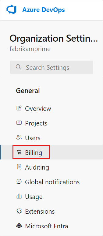[Organization settings]\(組織の設定\) で強調表示された [Billing]\(課金\) の選択を示すスクリーンショット。