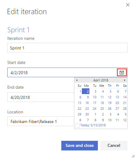 Azure DevOps Server 2019 の新しい日付を選択する [作業]、[イテレーション] ページ、および予定表アイコンのスクリーンショット。
