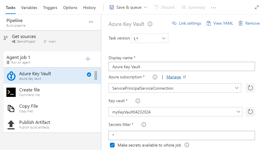 Azure DevOps Server 2019 のクラシック パイプラインで Azure Key Vault タスクを設定する方法を示すスクリーンショット。