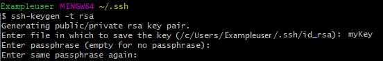 SSH キー ペアのパスフレーズを入力するための GitBash プロンプトのスクリーンショット。