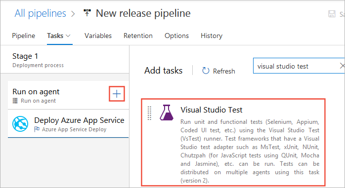 Visual Studio テスト タスクを追加